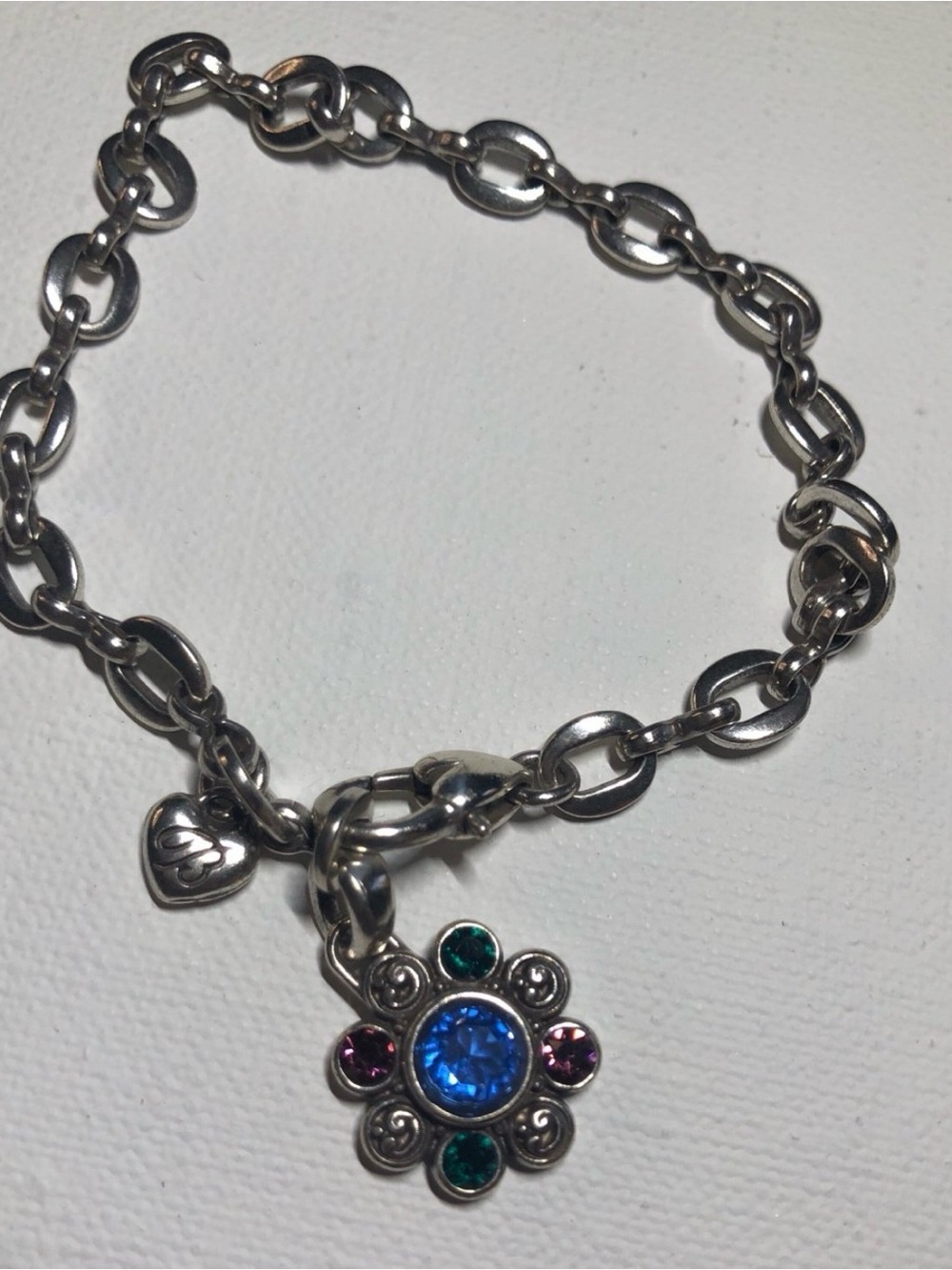 Silver-Tone Flower Charm Bracelet with Blue and Green Stones